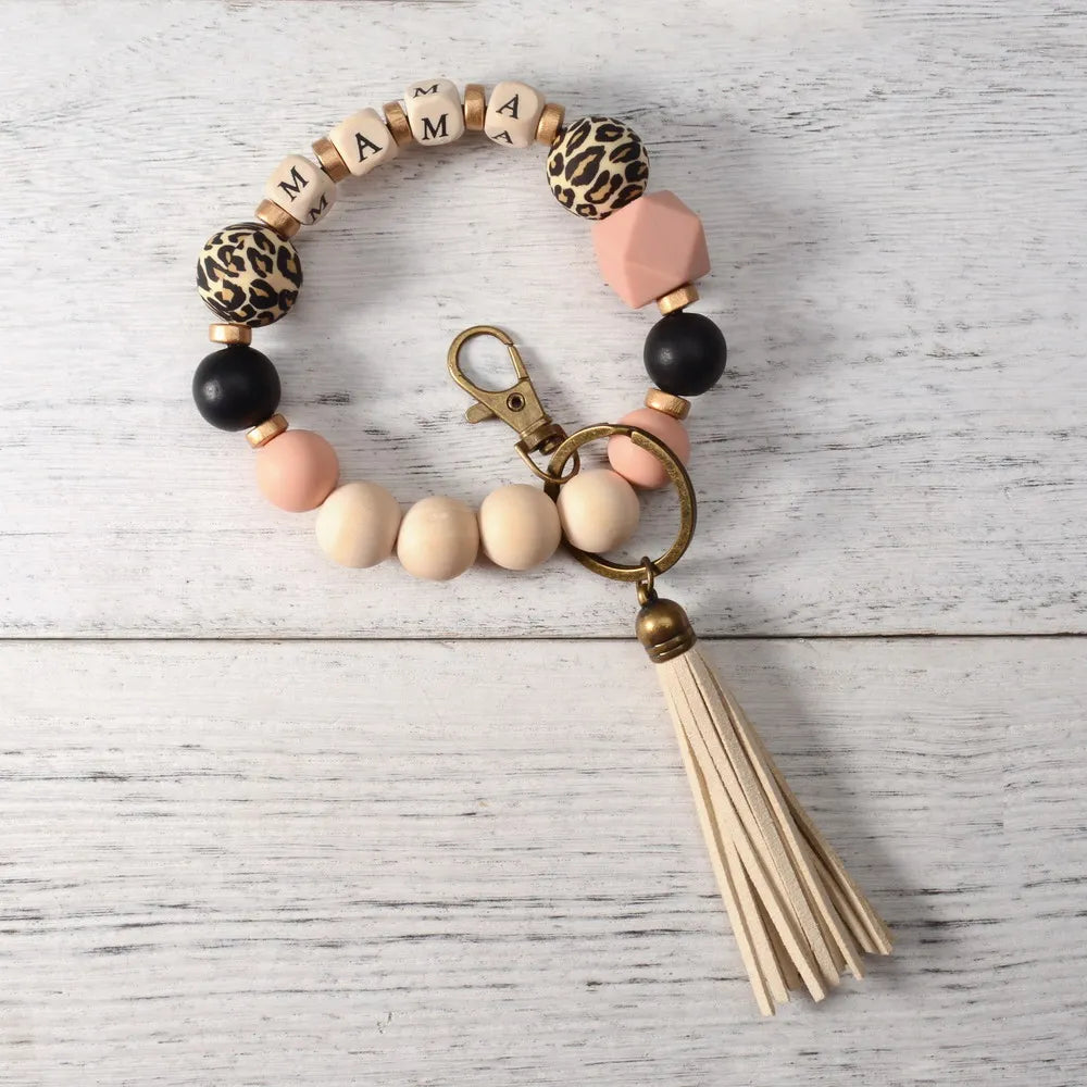 Name Wood Silicone Beaded Keychain Custom Mama Keychain Gift Bag Backpack Accessories Tongxin Valentine's Day Mother's Day