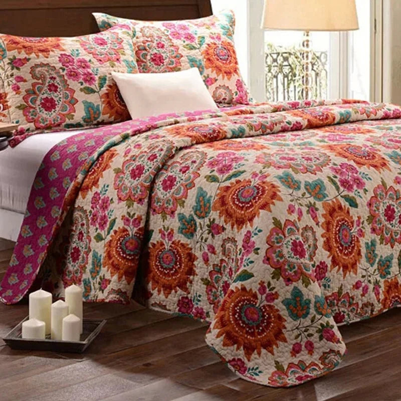 3 Piece Reversible Floral Quilt Set Printed Bedding Set for Summer Lightweight Microfiber Quilt with 2 Pillowcases