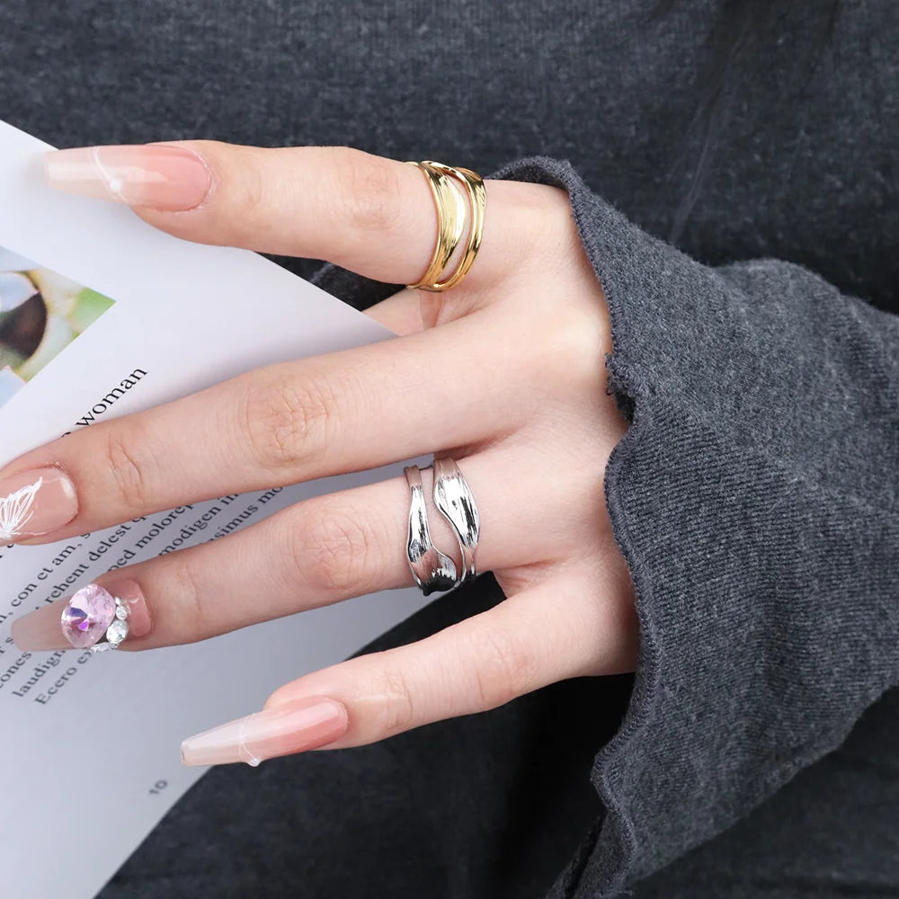 Chris April 316L Stainless Steel Double Layers Irregular Retro Organic Texture Adjustable Rings