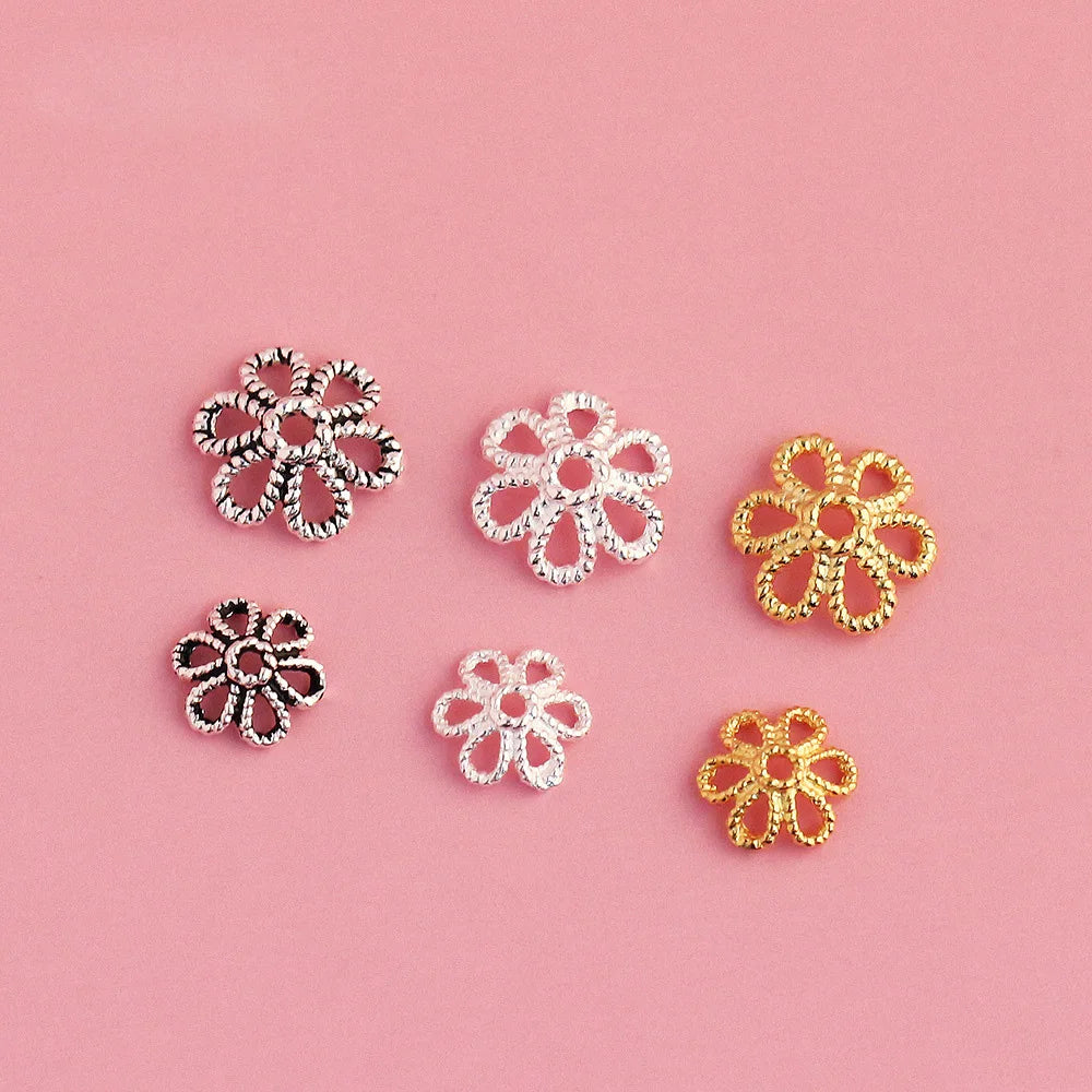 6mm 8mm Real 925 Sterling Silver Gold Plated Hollow End Flower Bead Caps for Jewelry Making