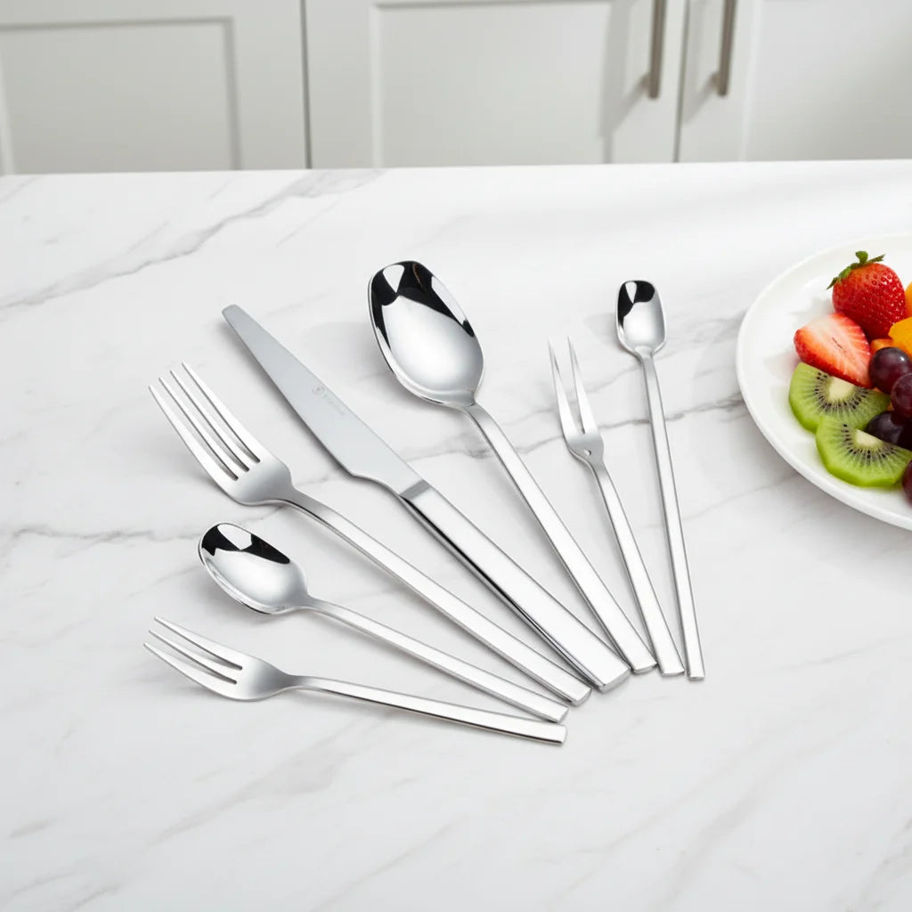 Hotel Stainless Steel Cutlery square Handle Solid Silver Dinner Spoon Fork Knife Dessert Starter Tea Buffet Metal Cutlery