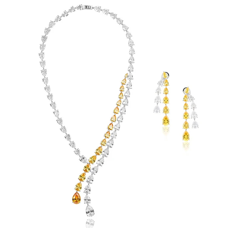 Shiny Yellow White Pear Cut Cubic Zirconia Tassel Necklace Earring Sets Bridal Wedding Jewelry Sets