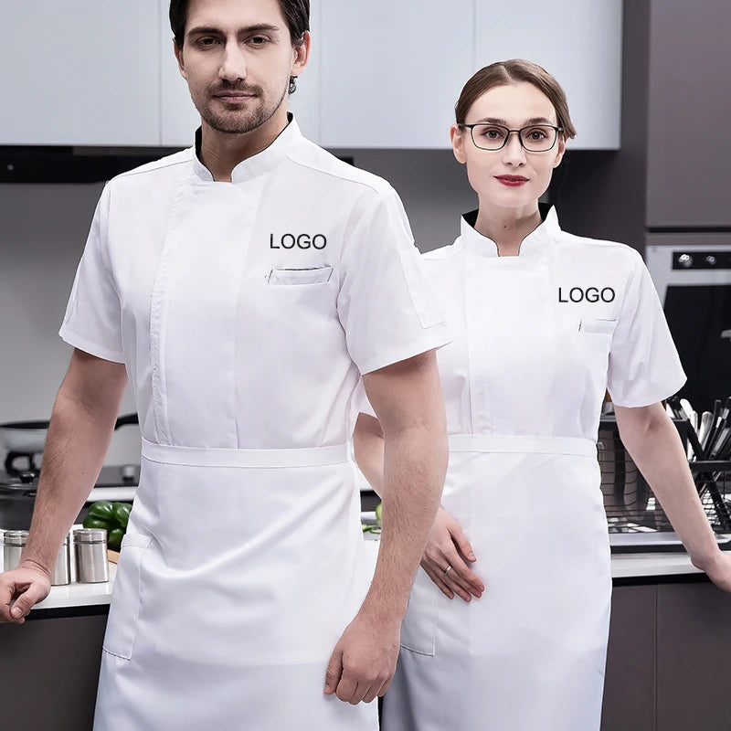 Unisex Short Chef Jacket with Black Tshirt Embroidery Polyester/Cotton Twill Fabric for Fast Food Restaurant Uniforms