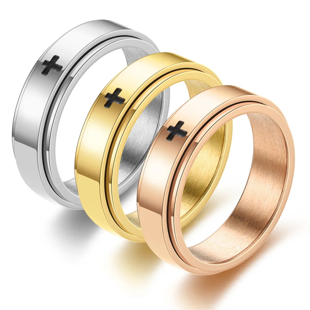 6mm Rotatable Spinner Cross Rings Custom Logo Gold Anxiety Fidget Rings Waterproof Stainless Steel Signet Band Rings for Men