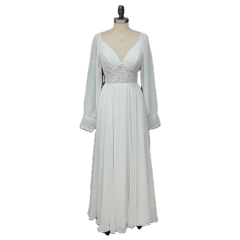 4258# Bohemian Wedding Dresses Illusion v Neck Long Sleeve Bridal Gowns Plus Size Chiffon Wedding Gown Lace Wedding Dress