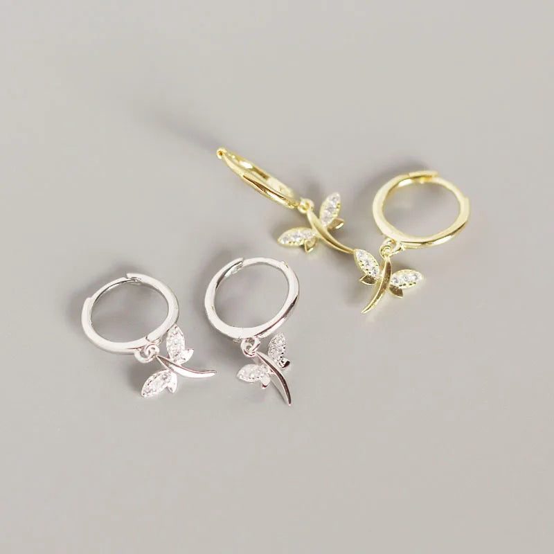18K Gold Plated 925 Sterling Silver Dragonfly Earrings Animal Pendant With Cz for Women