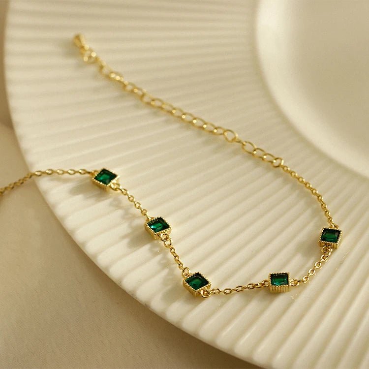 K065 Vintage Minimalist Gold Plated Green Zirconia Bangle Multi-square Green Emerald Gemstone Charm Bracelet Jewelry Women