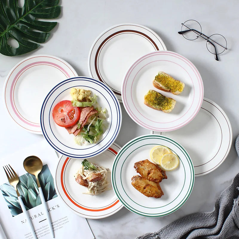 New Design Handmade Color Line European Style Pasta Steak Foor Serving Dinnerware Round Shallow Ceramic Dinner Plates