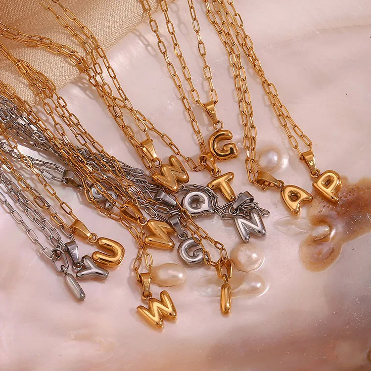 Non Tarnish Jewelry Stainless Steel Dainty Mini Bubble Puffy Letter A-Z Initial Necklace for Women Alphabet Pendant Necklace