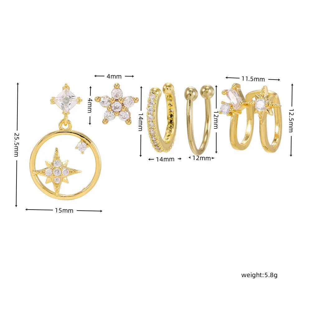 5Pcs/set Romantic Starry Sky Series Gold-Plated Earring Set Fashionable and Elegant with Moon Star Flower Design