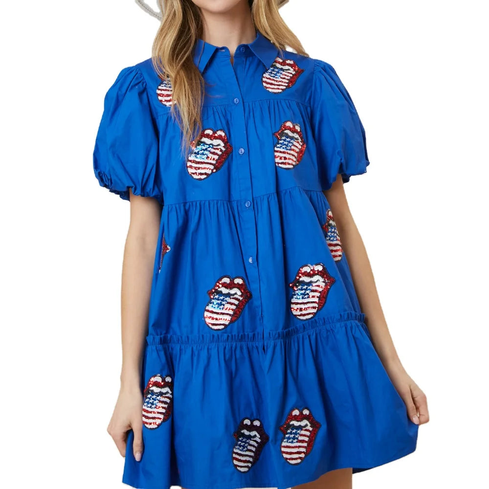2024 Spring/Summer New  Lips Beaded Embroidered Dresses Women's Bubble Sleeve Shirt Dresses
