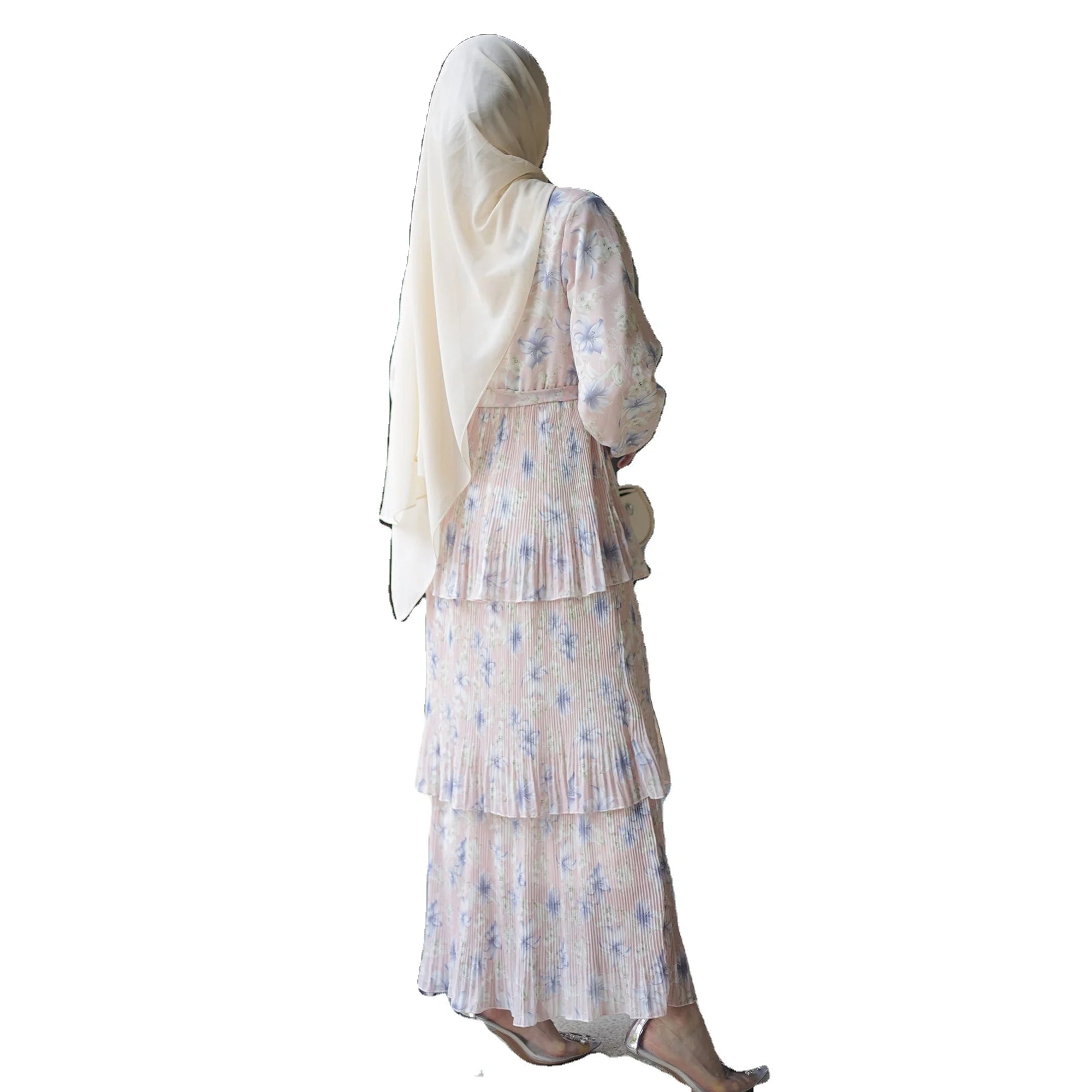 2023 Dubai Modest Fashion Floral Print Ruffled Maxi Chiffon Dress Hijab Abaya Muslim Eid Robe Pleat Islamic Clothing Women Gown