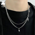 VAF New Design Men 53CM Rhombus Cross Pendant Double Necklace Stainless Steel Necklace