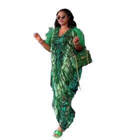 New Design African Long Dresses for Women Chiffon Printing Africa Dresses Ostrich Feather Two Piece Set