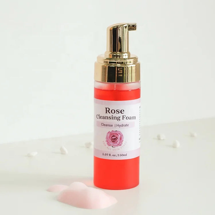 Private Label Rose Facial Cleansing Mousse Face Cleanser Rose Extract Thick Foam Facial Wash for All Skin