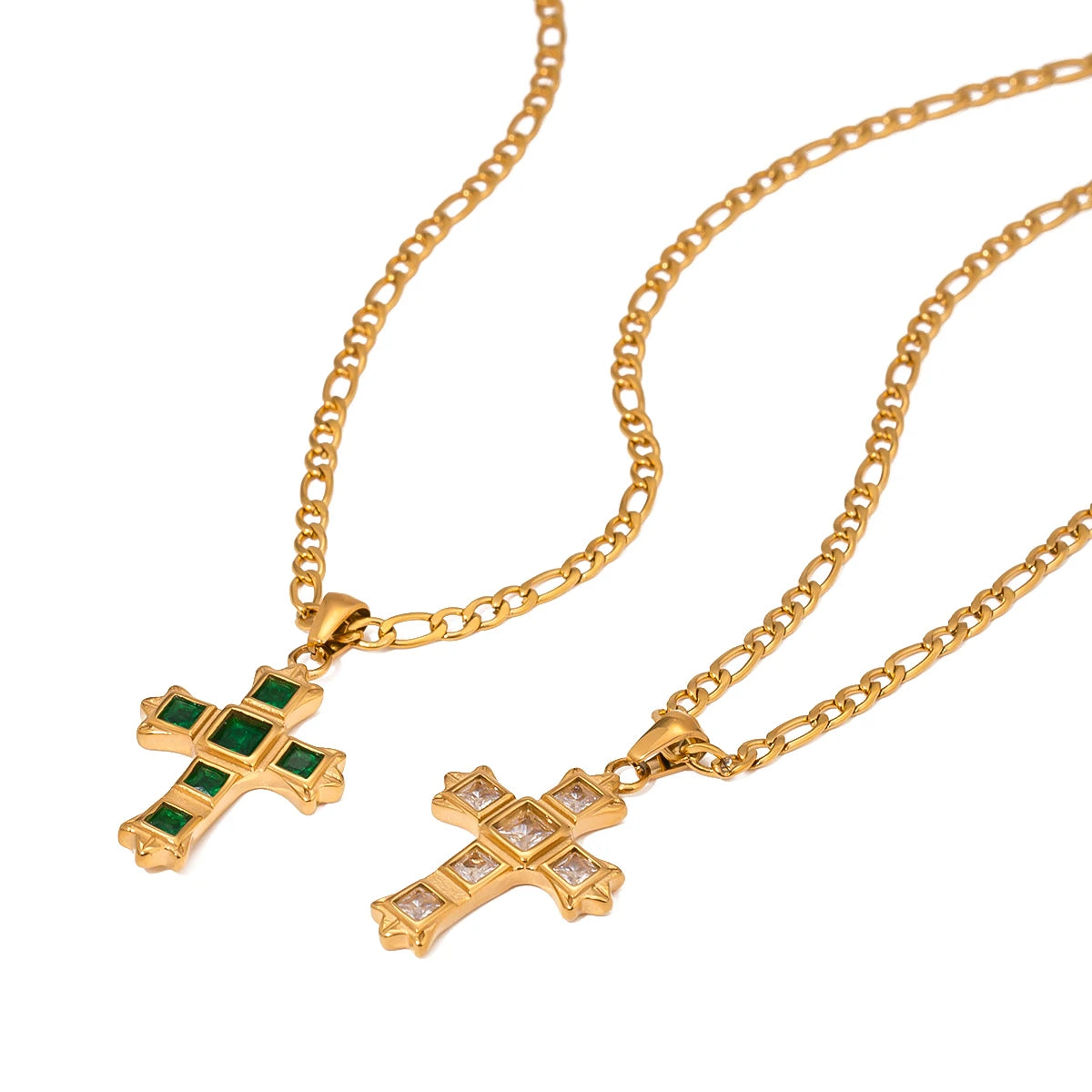 J&D Fashion Jewelry Trendy 18K Gold Stainless Steel Zircon Green White Square Zircon Cross Pendant Necklace for Women