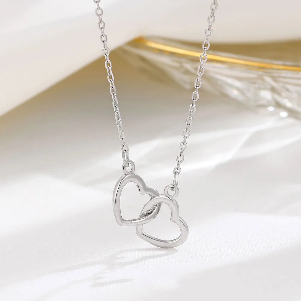 Fashion 925 Sterling Silver Double Hollow Heart Interlocking Charm Necklace for Women Wholesale