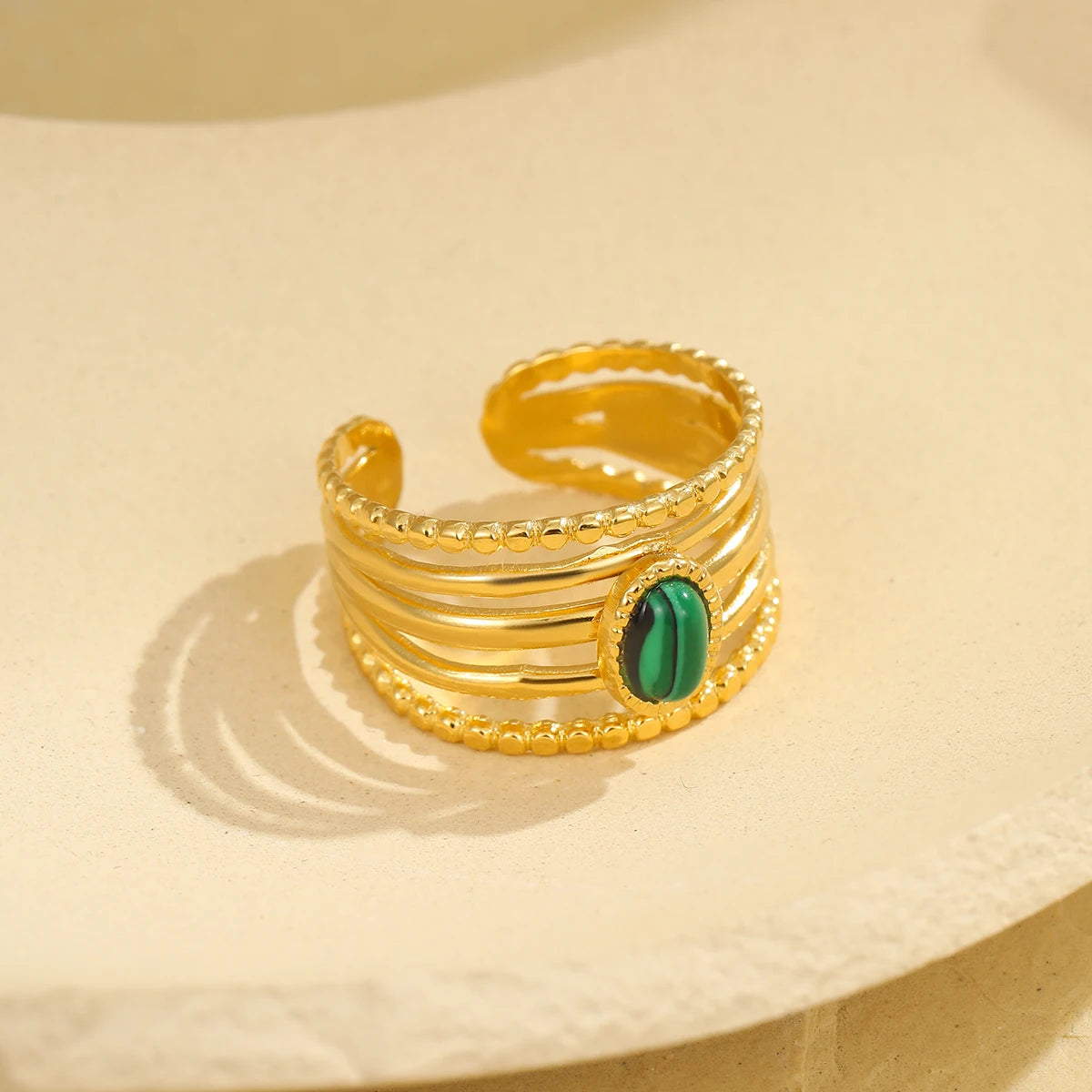 Nimai Fashion Chunky Stainless Steel Jewelry Statement Rings for Women Gold Fashion Natural Malachite Open Finger Rings