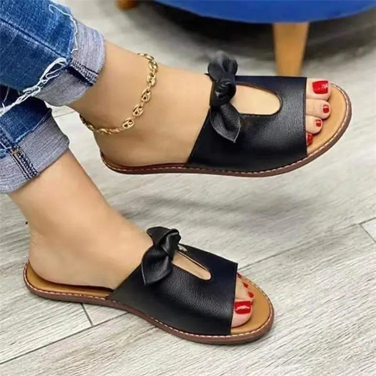 2025 Summer New Bow Women's Platform Flat Sandals Slippers European American Slip-On Outdoor 43+ Size Cross-Border Foreign Trade