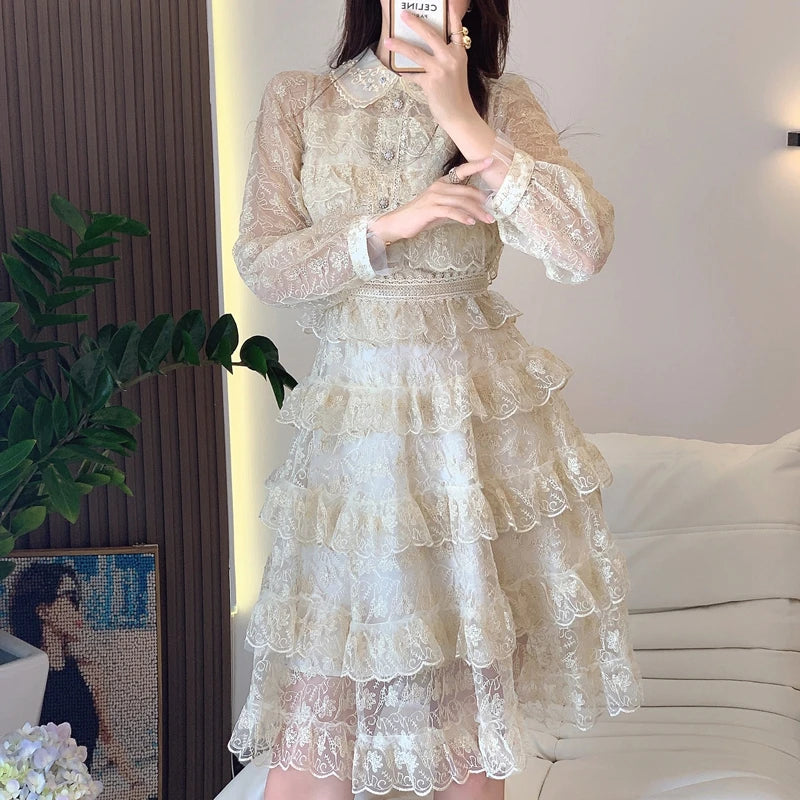 Spot Plus Size Autumn New Mesh Long Sleeve Temperament Casual Fashion Multi Layer Lace Dress Women's Dress
