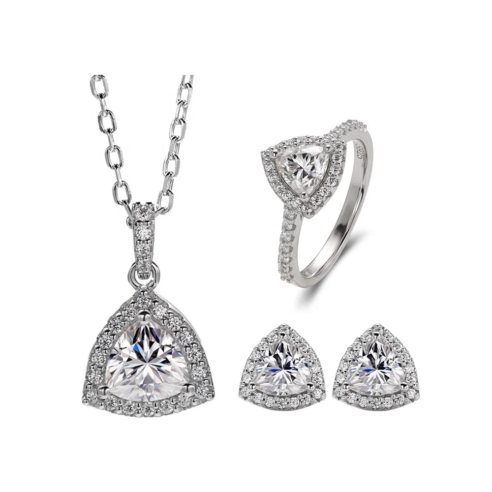 HL05T Abiding Fine Jewelry 925 Silver Gra Certified Trillion Cut VVS DEF Color Moissanite Bridal 3 Pieces Jewelry Sets