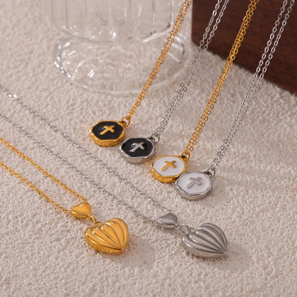 Minimalist Texture Love Heart Pendant Necklace Chic Drip Oil Design Cross Round Pendant 18k Gold Plated Stainless Steel Necklace