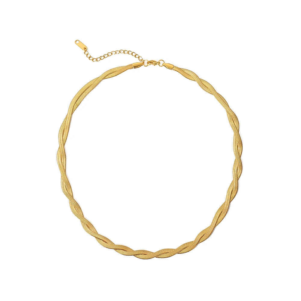 Waterproof Jewelry Stainless Steel 18K Gold Crossed Double Layers Herringbone Twisted Snake Choker Necklace