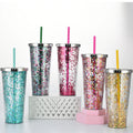 New 24oz Straw Cup Glitter Water Cup Cold Drink Cup Skinny Tumbler clear Double Wall Plastic with Plating Cover