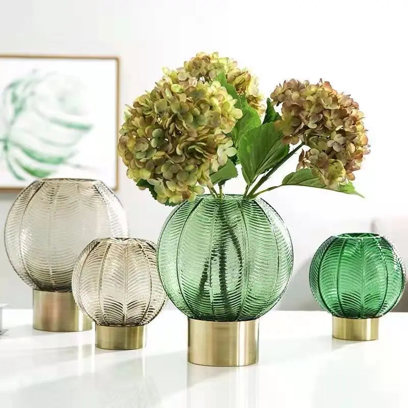 European Style Copper Hoop Glass Vase Round Spherical Decoration Creative Living Room Flower Arrangement Textured Glass Vase
