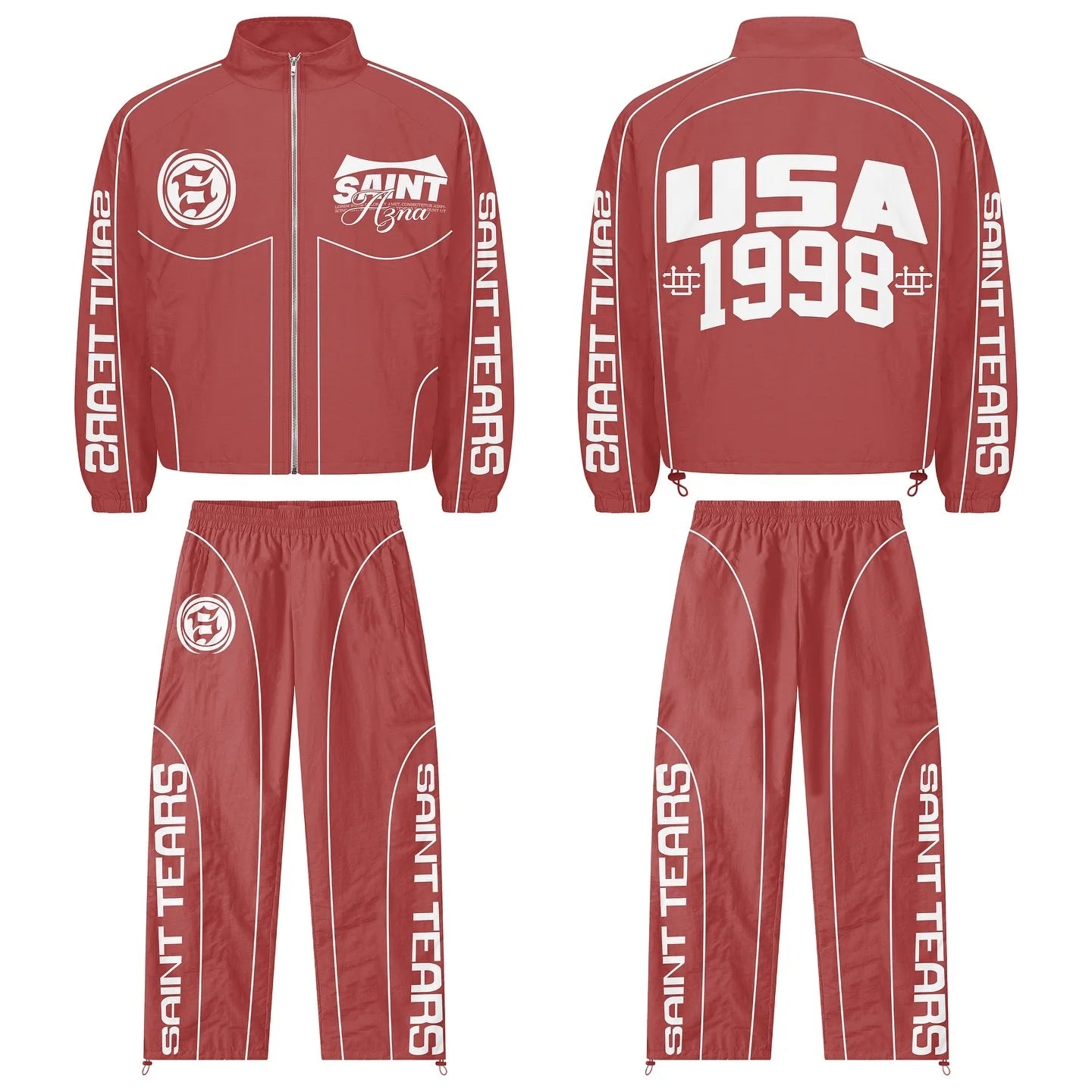 Custom Acid Washed Patch Embroidery Patchwork Zip up Distressed Vintage Wash Sun Faded Hoodies Flared Sweatpants and Hoodie Set