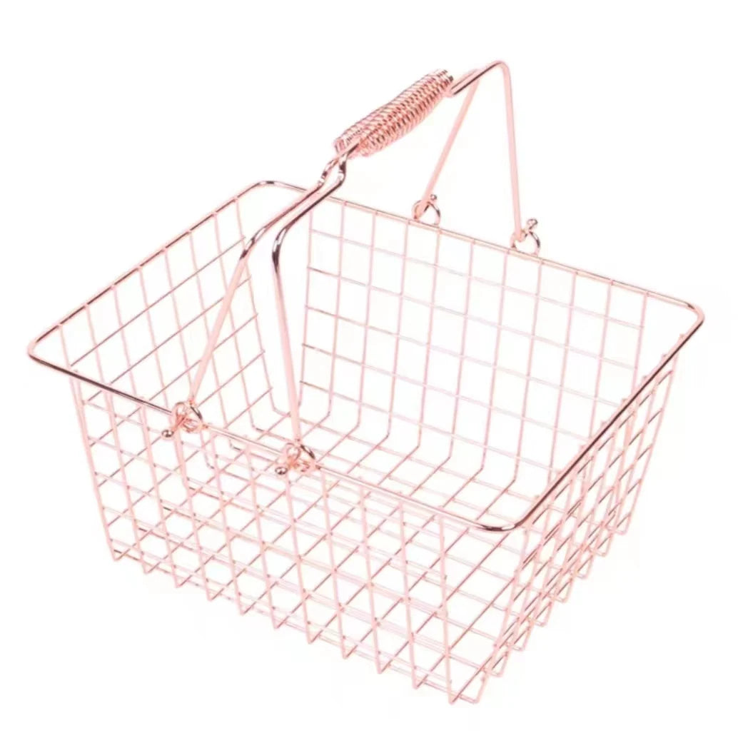 Golden Silver Black Rose Gold pink Metal Mesh Shopping Storage Basket with Handles Cloth Cover