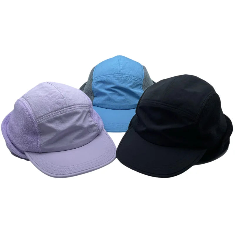 Unisex Outdoor Hiking Fishing Hats Adjustable Quick Dry 5 Panels Baseball Cap Men's Winter Warm Running Hats With Neck Flap