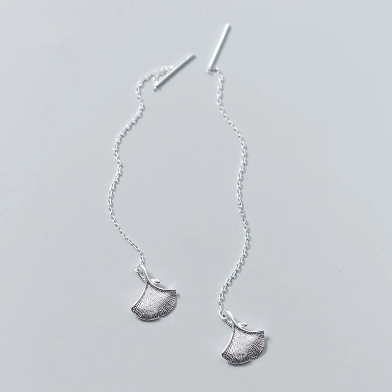 Gingko Leaf Pendant 18K Gold Plated Ear Threader 925 Sterling Silver Long Chain Dangle Drop Earrings Fashion Jewelry for Women