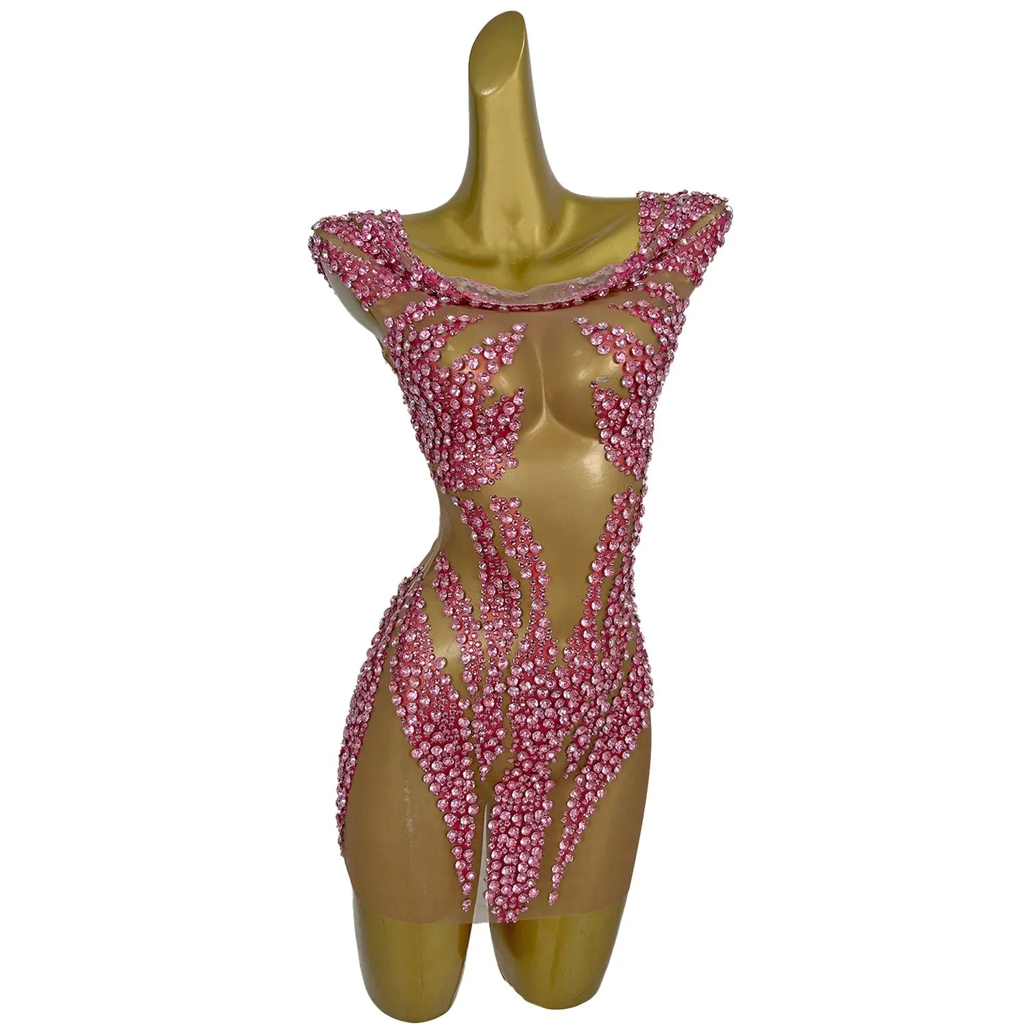 Sexy Off Shoulder Party Celebration Performance One Piece Dress Women See Through Evening Gowns Bodycon Club Rhinestone Dress