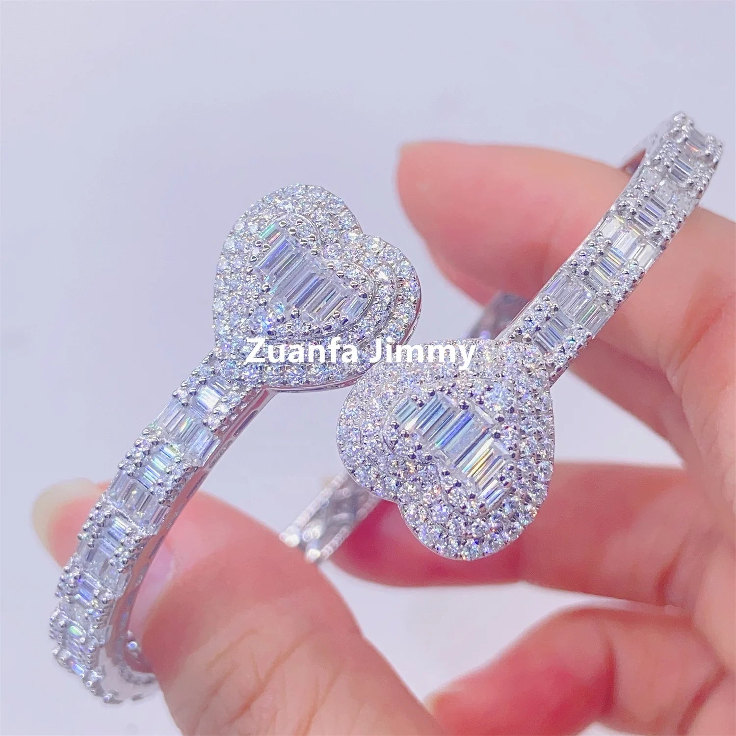 Pass Diamond Tester Moissanite Hip Hop Jewelry 925 Sterling Silver White Gold Plated Heart Baguette Moissanite Bangle Bracelet