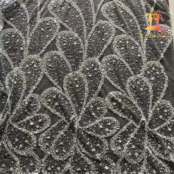 New Style Eco-Friendly 100% Polyester Milk White Sequins Bridal Embroidered Mesh Lace Fabric XM-BF0702
