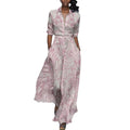 New European and American Women's Printed Waist Belt Waist Tie Button Long Sleeves Elegant Flip Neck Long Dress