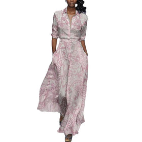 New European and American Women's Printed Waist Belt Waist Tie Button Long Sleeves Elegant Flip Neck Long Dress