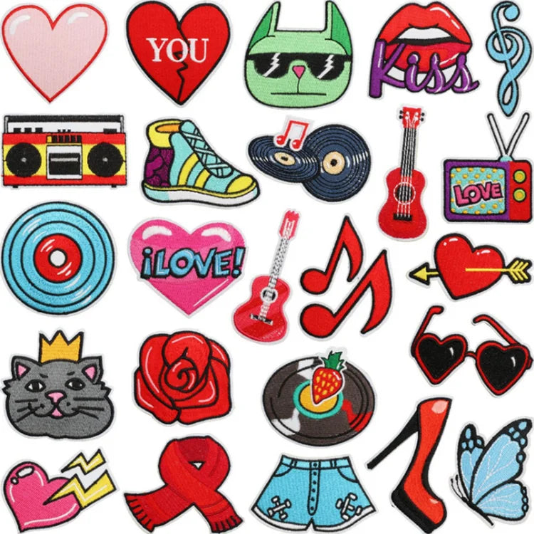 Wholesale Cartoon Embroidery Clothes Patches Custom Embroidered Love Heart Music Cat Iron on Patch for Clothes Hats Bags