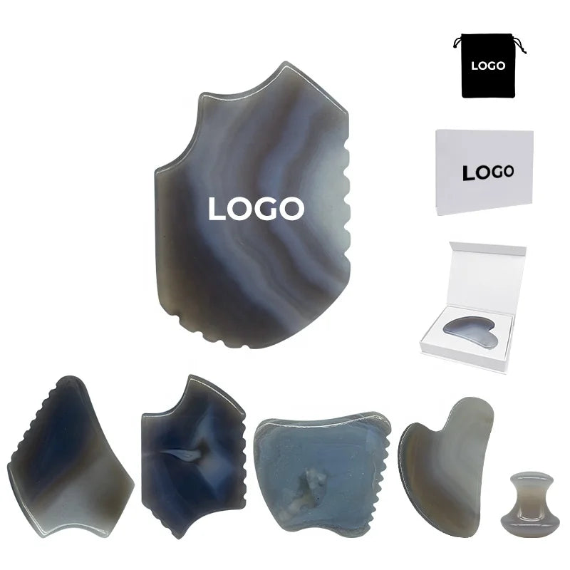Custom Logo Natural Agate Stone Gua Sha Cuarzo Full Face Lifting Crystals Agate Guasha Stone With Teeth Grey Agate Gua Sha