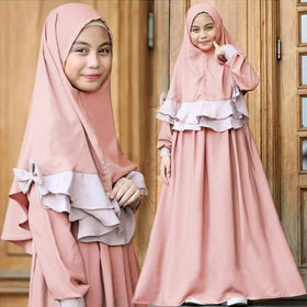 Kids Girls 2 Piece Full Cover Plain Hijab Abaya Dress Set Ramadan Eid Prayer Islamic Abaya Girls Muslim Children