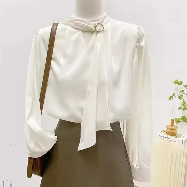 S-XL a Niche White Shirt for Women With a Haute Couture Top and Elegant Ribbon Long Sleeved Shirt
