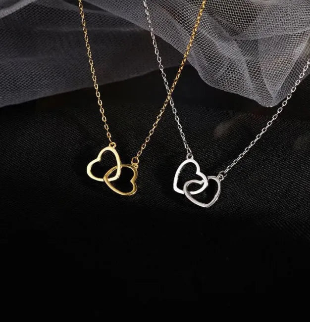 SC Trendy Women Gold Plated Stainless Steel Necklace Temperament Interlocking Double Heart Choker Pendant Necklace