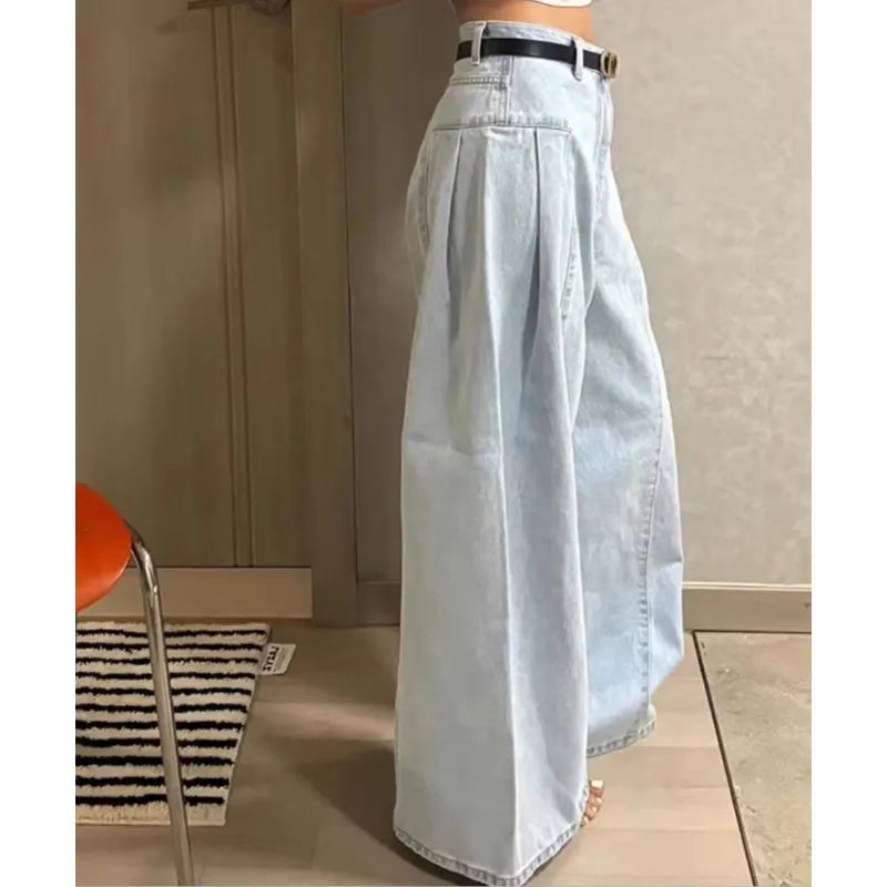 Boutique Wholesale 2026 Spring New Design Pleated Washed Wide Leg High Waist Slimming Straight Leg Women's Jeans