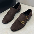 New Women's Shoes Round Head Frosted Suede Carved Double Buckle Loafers Retro Handsome Low Heel Single Shoes