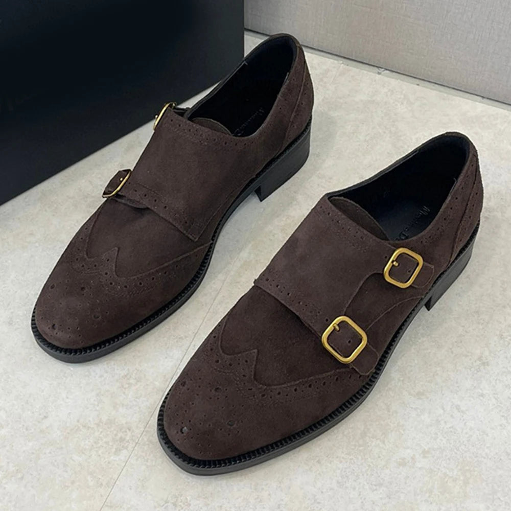 New Women's Shoes Round Head Frosted Suede Carved Double Buckle Loafers Retro Handsome Low Heel Single Shoes
