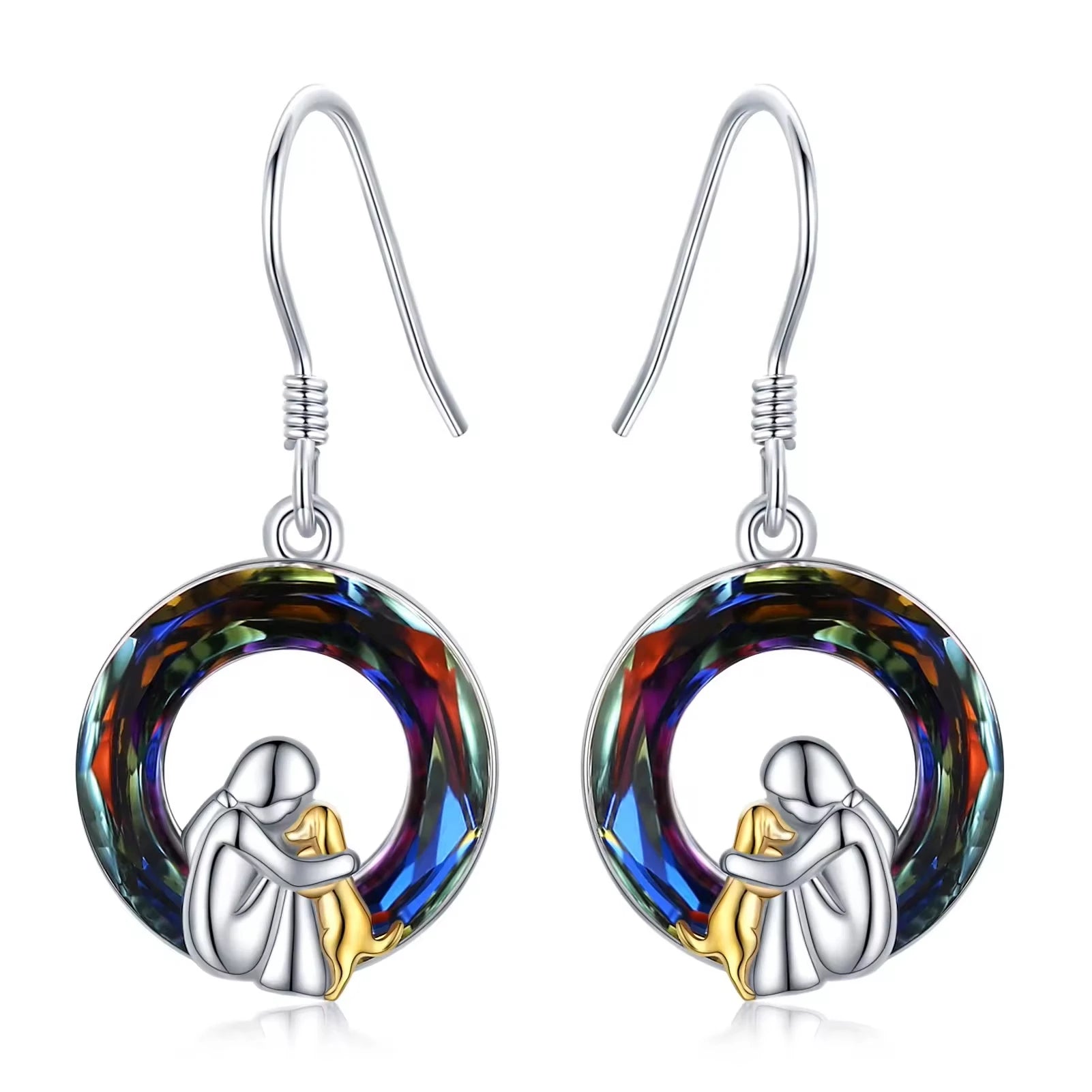 Trendy Jewelry 925 Sterling Silver Two Tone Plated Cute Dog and Girl Crystal Circle Hook Earrings