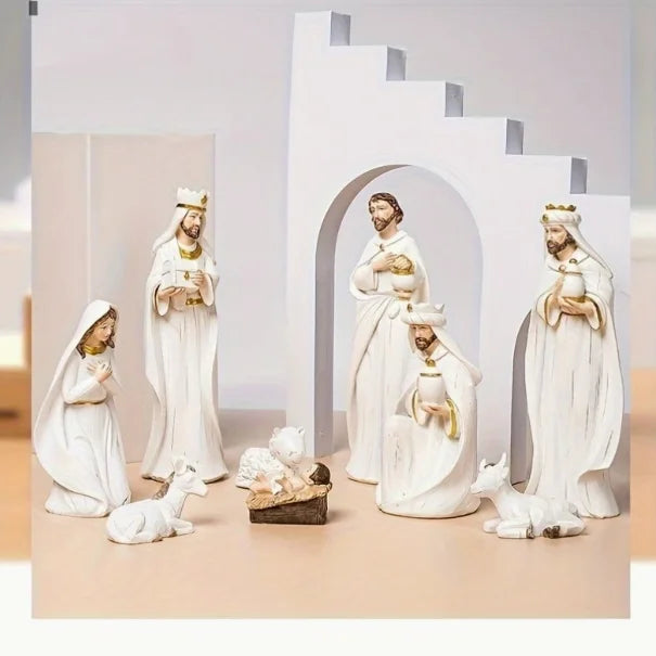 9-Piece Resin Classic Nativity Set JSA14 Tabletop Jesus Birth Scene Figurines Home Kitchen Decorative Manger Scene