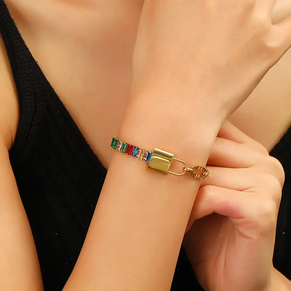 Fashionable Gold Plating Colorful Cubic Zirconia Bracelet Delicate Stainless Steel Padlock Rectangle Diamond Bracelet