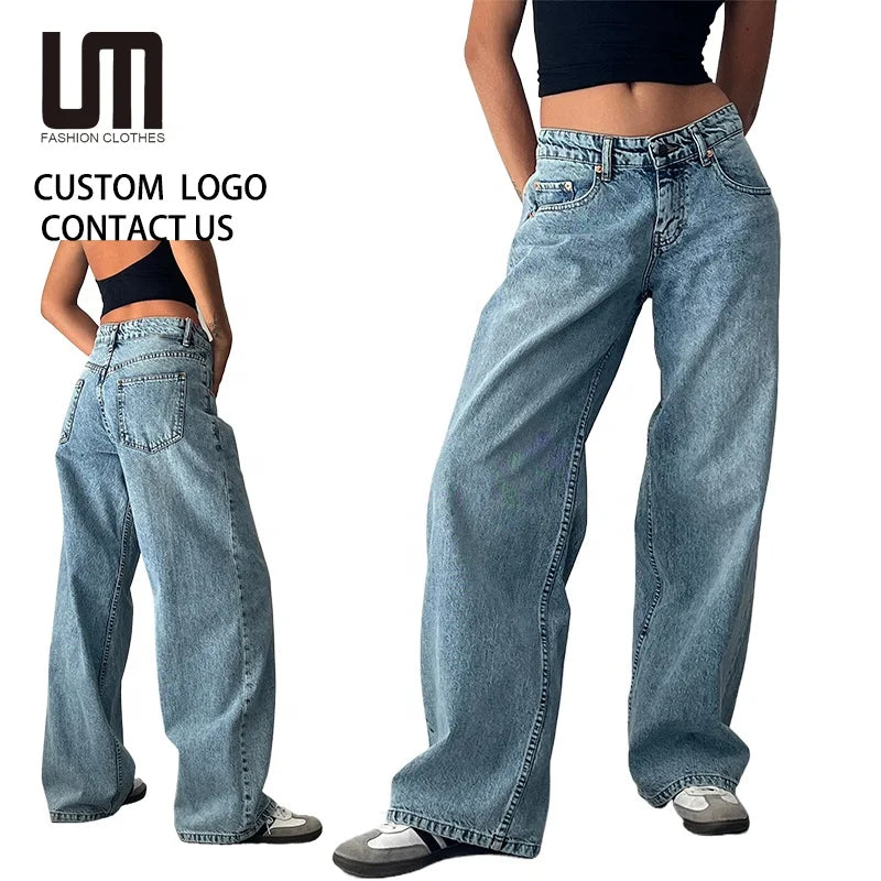 2025 New Women Y2K Loose Straight Jeans - Low Waist Casual Denim Pants with Button Pocket Elegant Streetwear Trousers (OEM/ODM)
